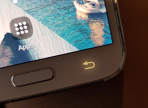 The back button is not a physical button. The home button is, however. So she pushes the latter.